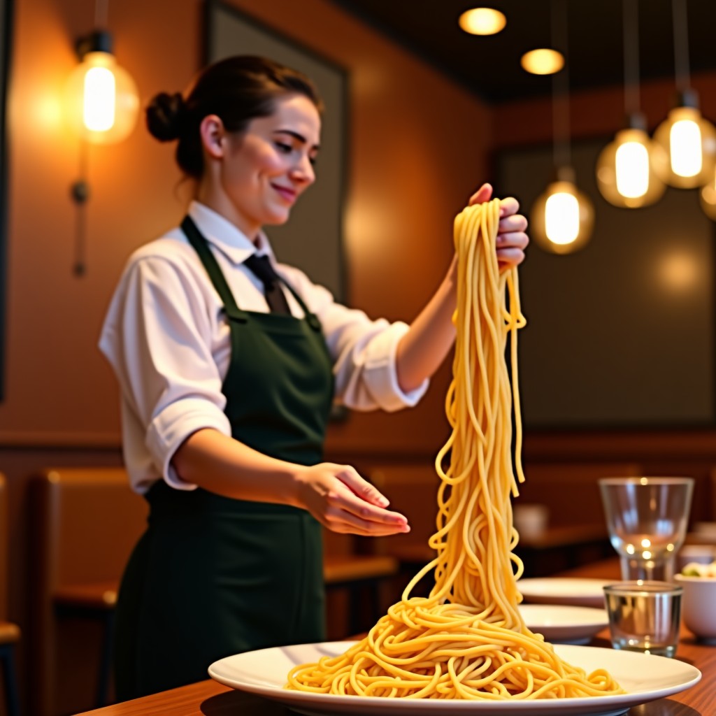 A staff member performing a noodle stretching dance in front of a dining table, festive and energetic atmosphere, professional photography, 4:3