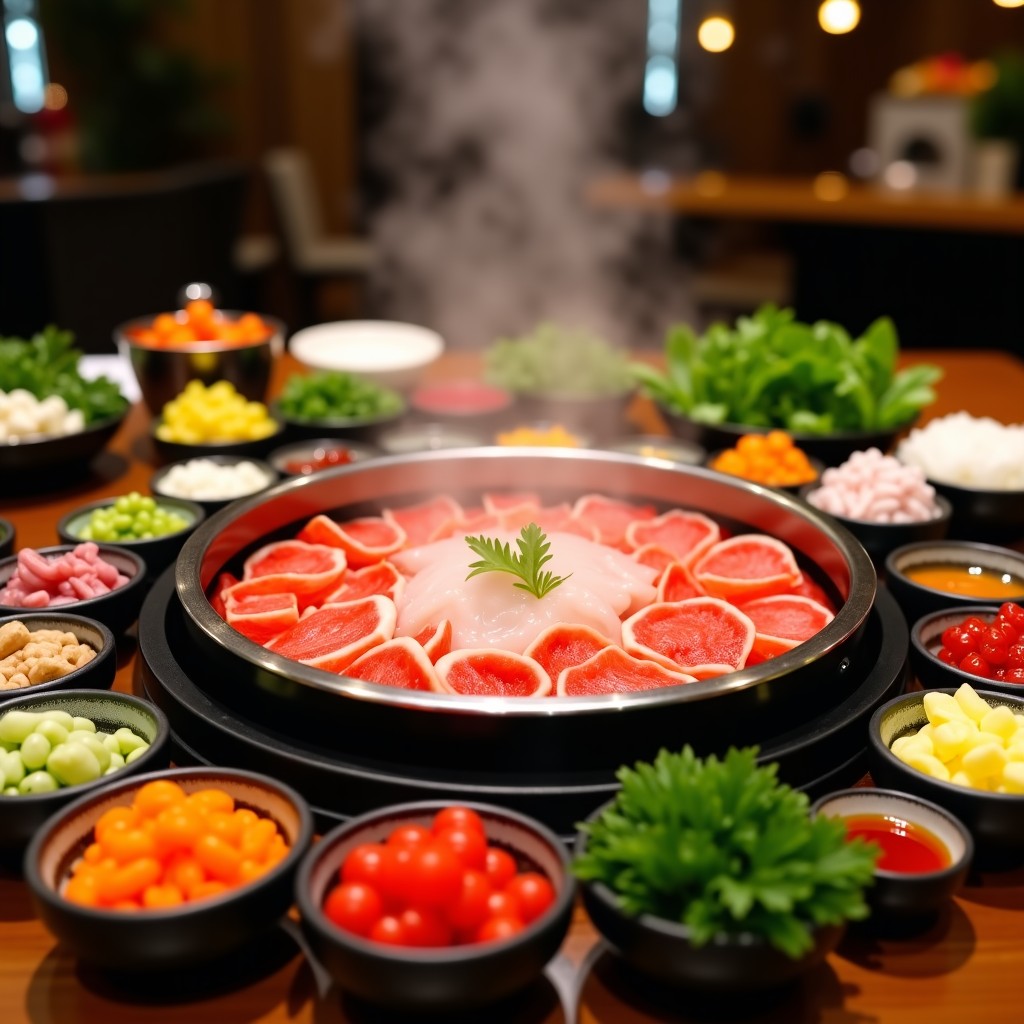 A wide shot of a neatly set hot pot table with colorful raw ingredients, fresh vegetables, and dipping sauces, cozy and welcoming, high-end restaurant aesthetic, 1:1