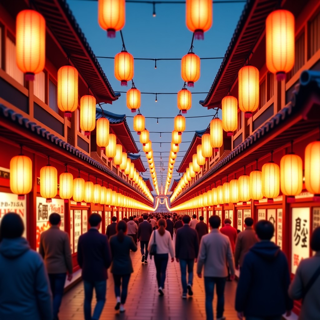 A busy traditional Japanese festival street with colorful lanterns and people enjoying the atmosphere, street photography style, 4:3