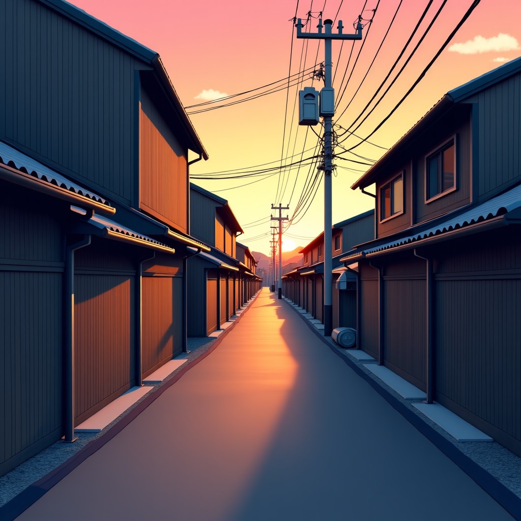 Quiet and peaceful narrow street in a small Japanese town, wooden houses, warm sunset lighting, high resolution, 4:3
