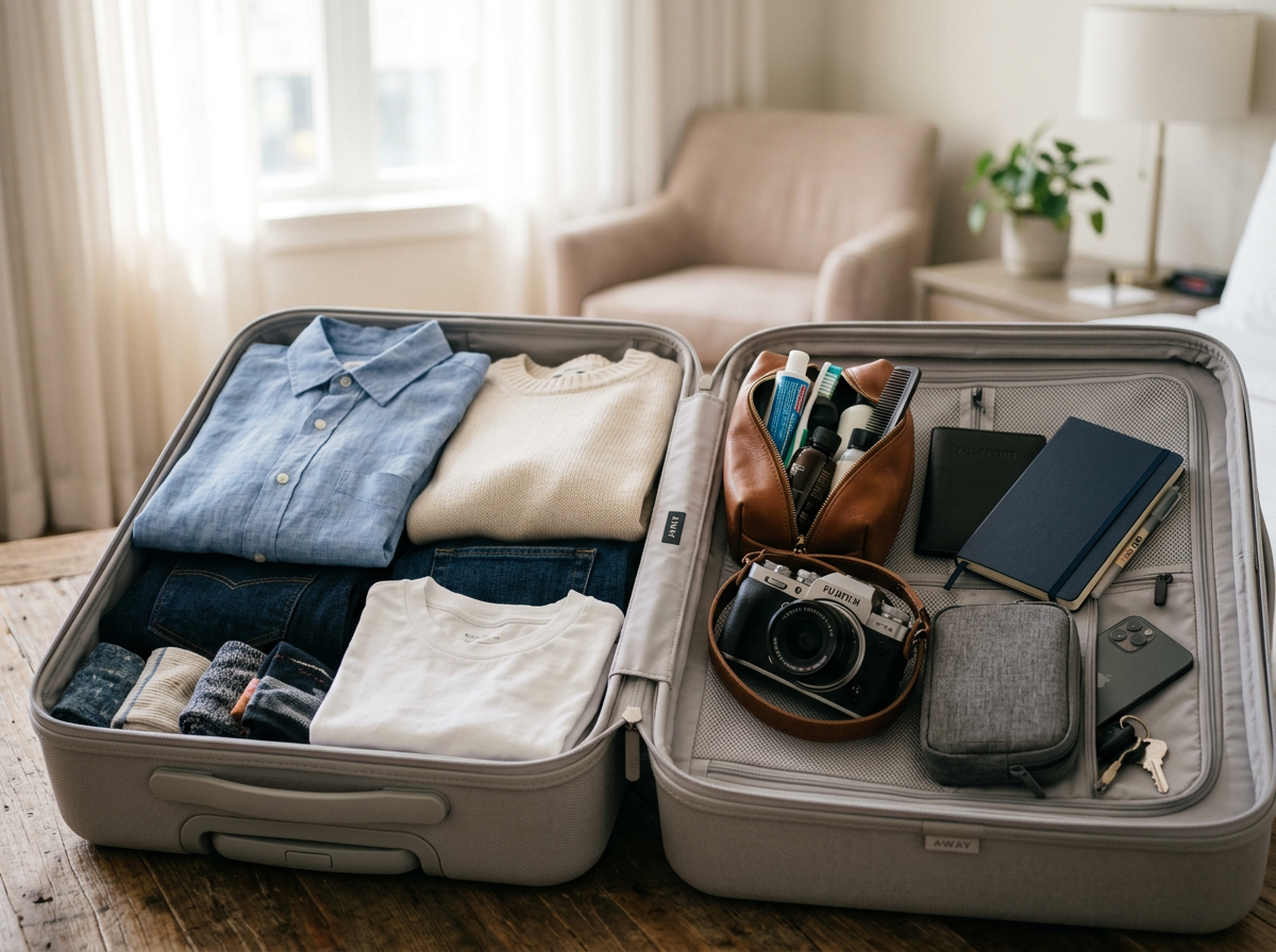 여행을 준비하는 가방과 소지품들