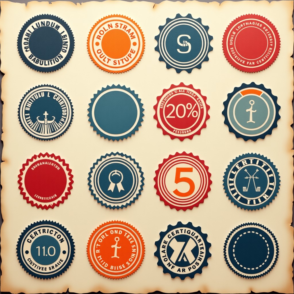 A collection of various abstract stamp designs and certification labels on textured paper, soft focus background, 4:3 aspect ratio