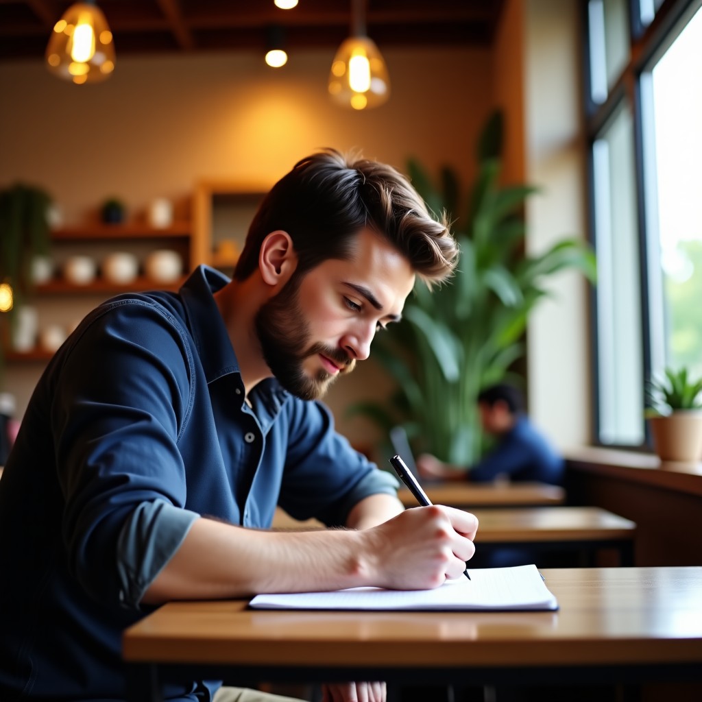 A close up of a focused author writing on a notebook in a natural, warm-lit cafe, high detail, 4:3 aspect ratio