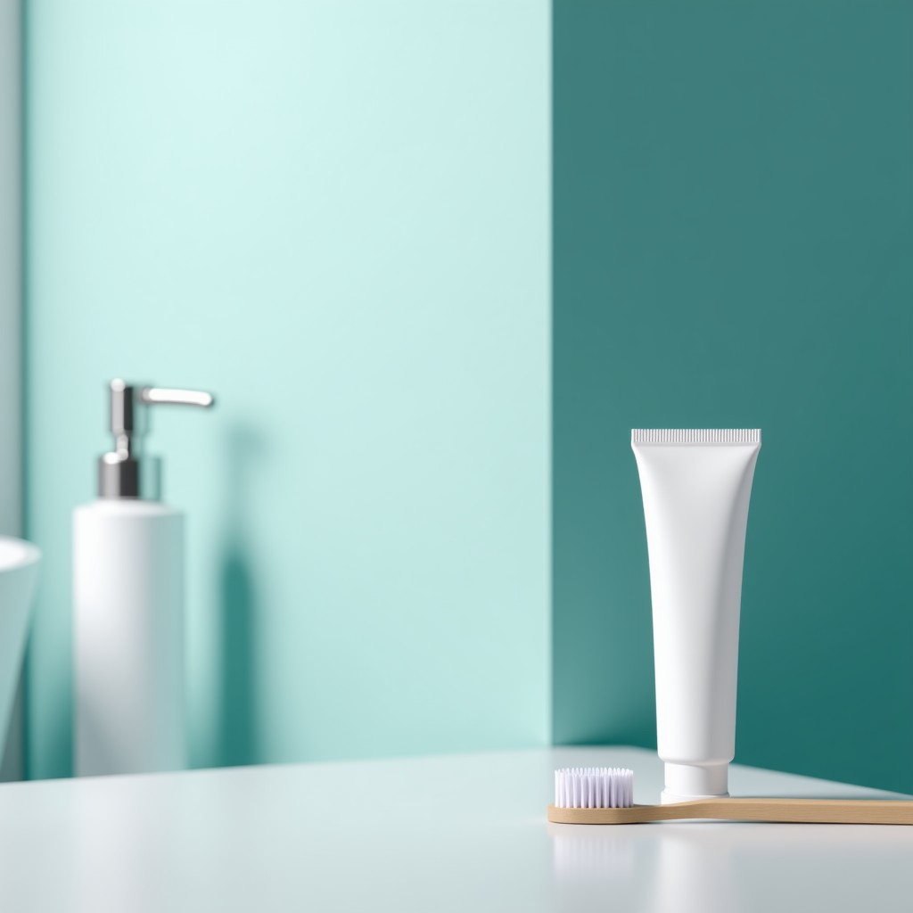 Modern toothbrush and toothpaste in a clean bathroom setting, minimalist aesthetic, soft lighting, sharp focus 4:3