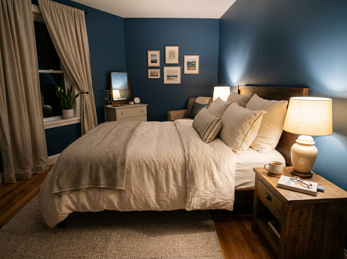 차분하고 아늑한 침실 분위기