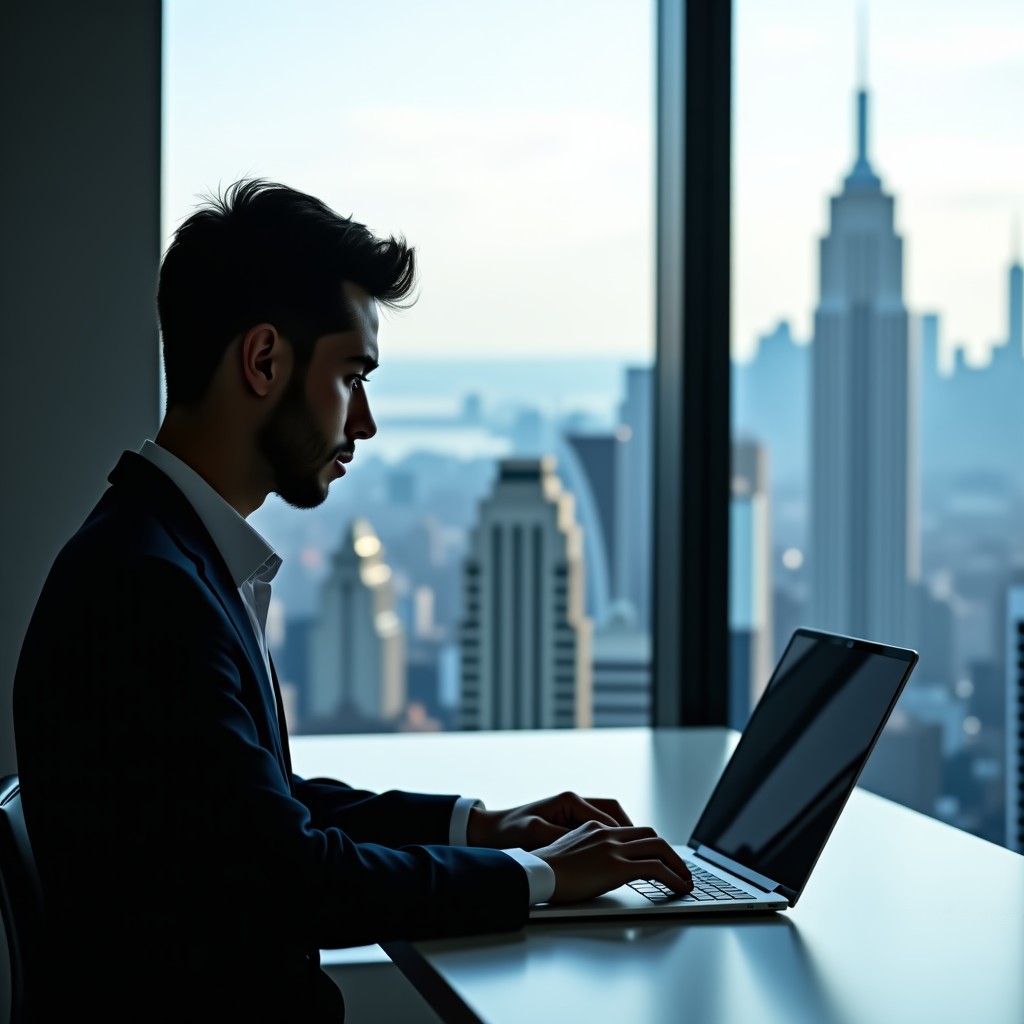 A person working on a laptop at a clean, minimalist desk with a view of a city, reflecting deep concentration on financial market trends, soft lighting, 4:3