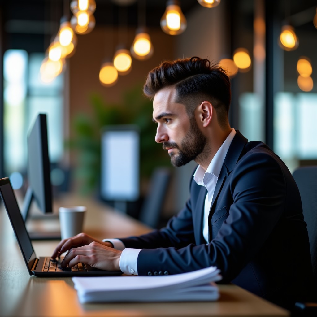 A professional business person working on data security, focusing on digital safety and document management, warm office lighting, realistic, 4:3 ratio.