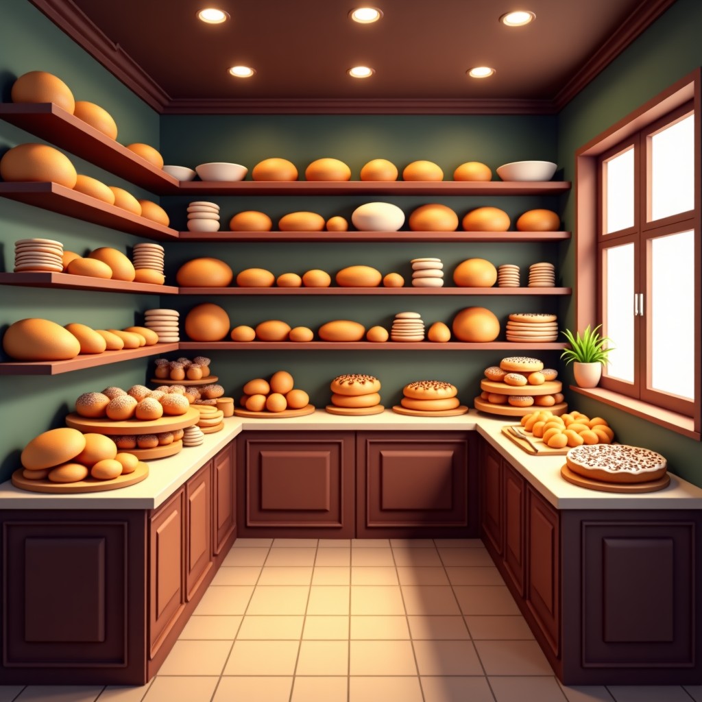 Interior of a traditional bakery with shelves full of various breads and cakes, warm lighting, shelves organized, professional bakery atmosphere, 4:3