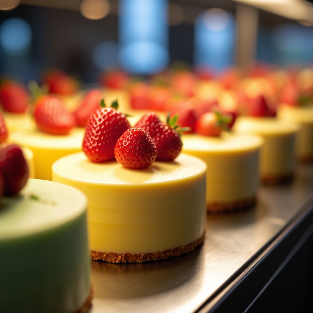 Close up of various cakes inside a glass bakery display, focus on matcha and strawberry cake, professional food photography, 4:3