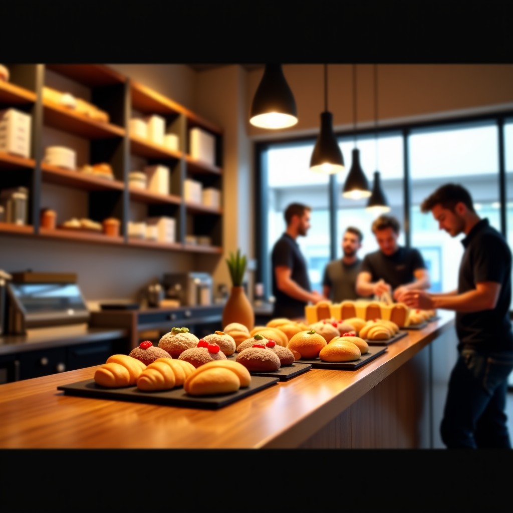 Interior of a bustling bakery with various pastries on display, warm atmosphere, motion blur of people, high quality, 4:3