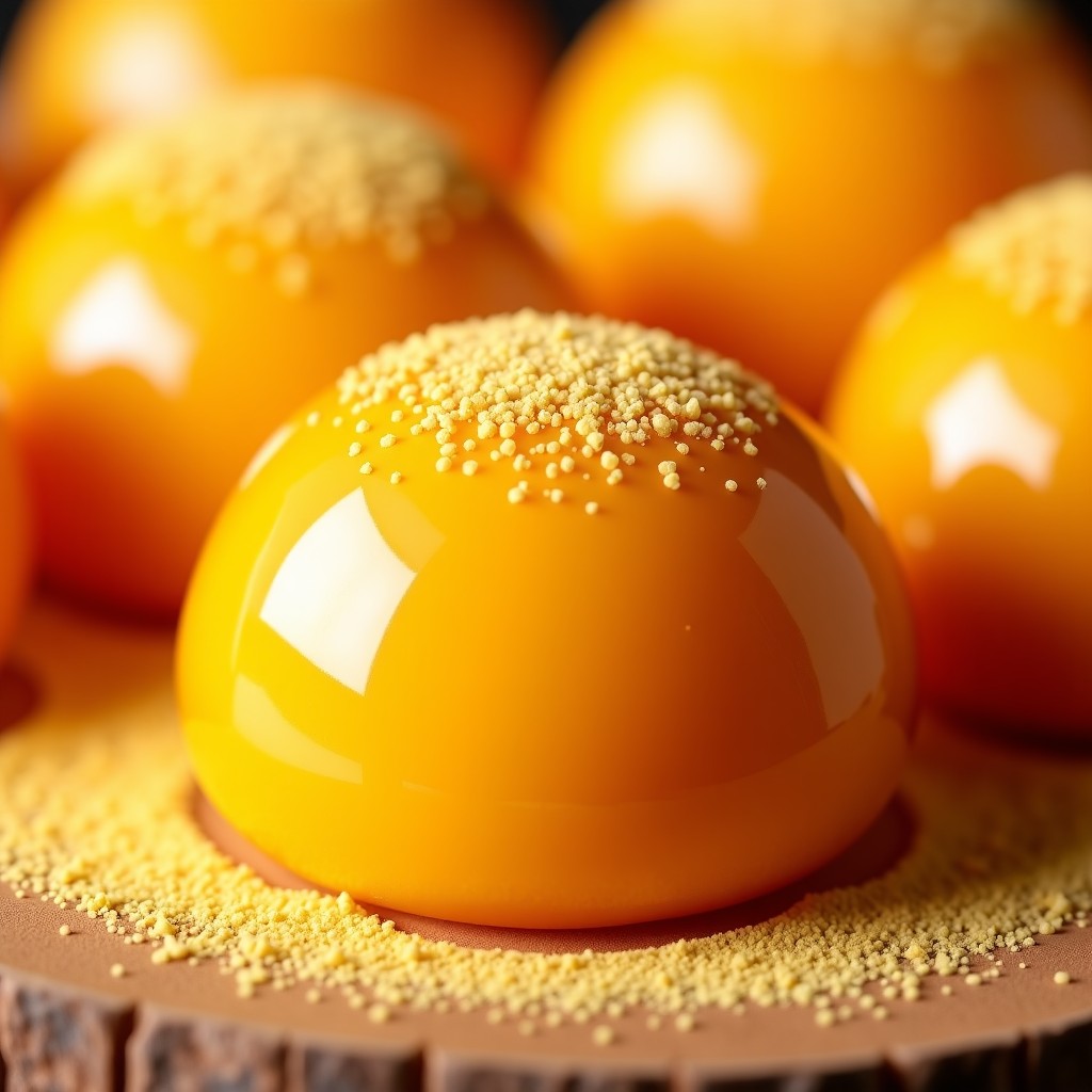 Close-up shot of yellow pumpkin mochi with fine powder, highlighting the soft and chewy texture, aesthetic food photography, warm lighting, 1:1