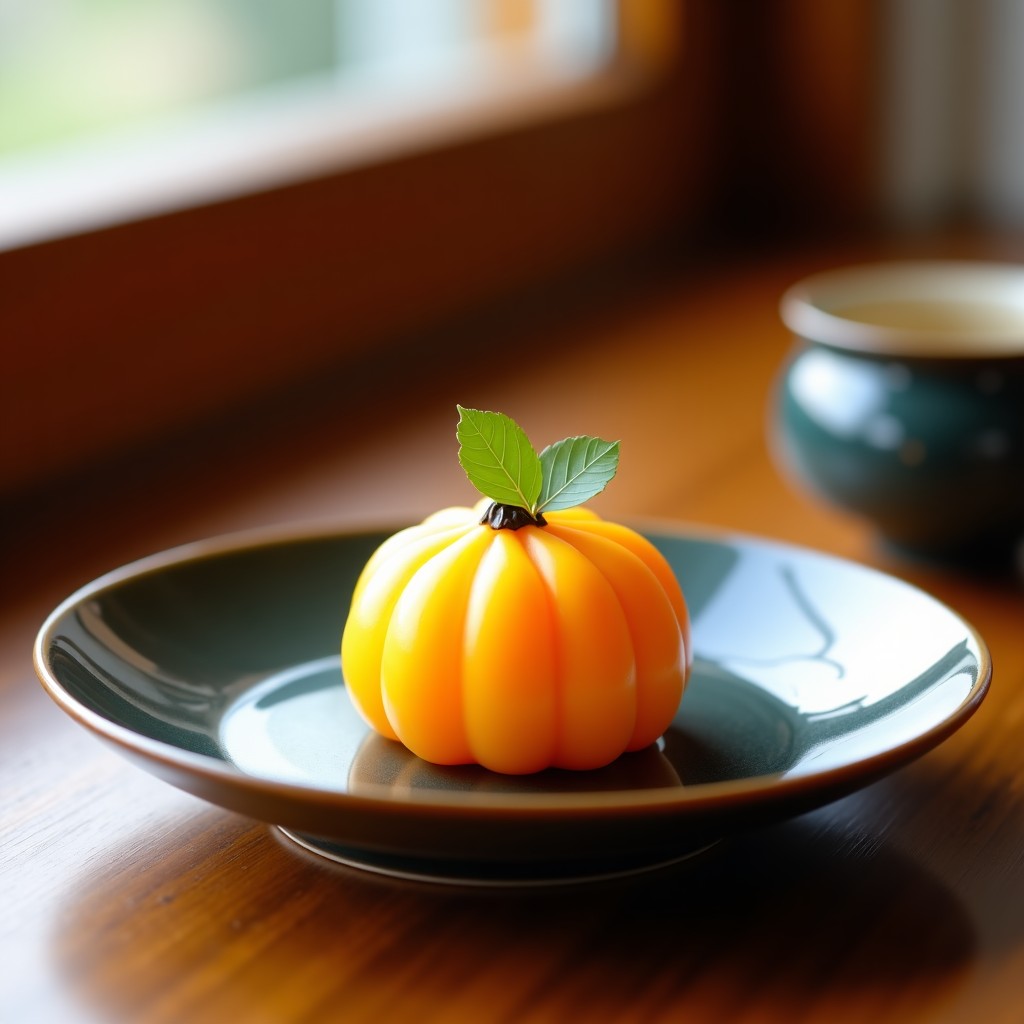 A beautifully arranged serving of pumpkin mochi on a traditional ceramic plate, elegant setting, soft morning sunlight, realistic composition, 4:3