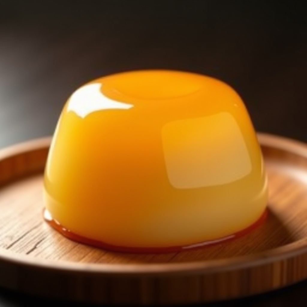 A warm butter mochi toasted on a wooden tray with golden brown texture, cinematic lighting, shallow depth of field, high resolution, 4:3