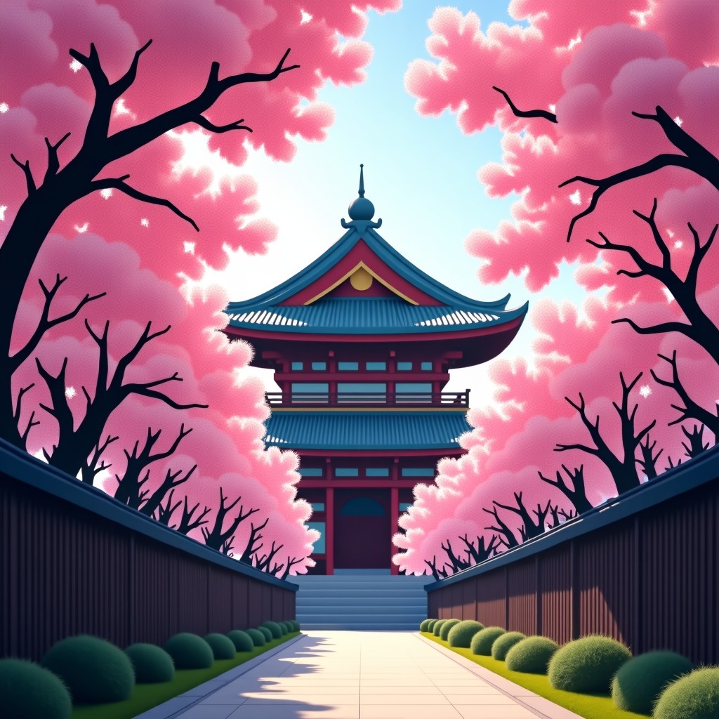 A cinematic shot of pink cherry blossoms framing a classic Japanese wooden temple in Kyoto, sunlight filtering through the branches, vibrant spring colors, 4:3