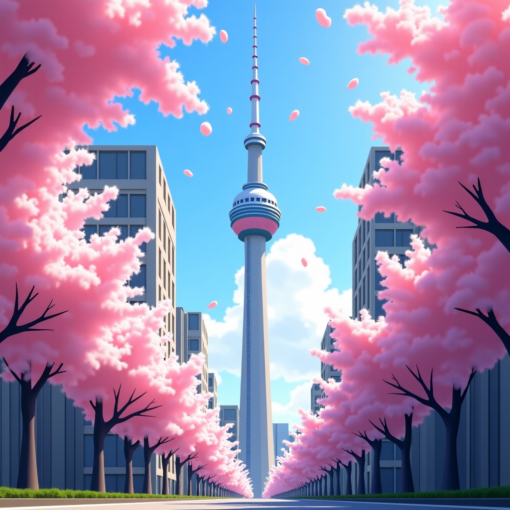 View of the Tokyo Skytree framed by lush cherry blossoms, urban spring scenery, high resolution, soft lighting, 4:3