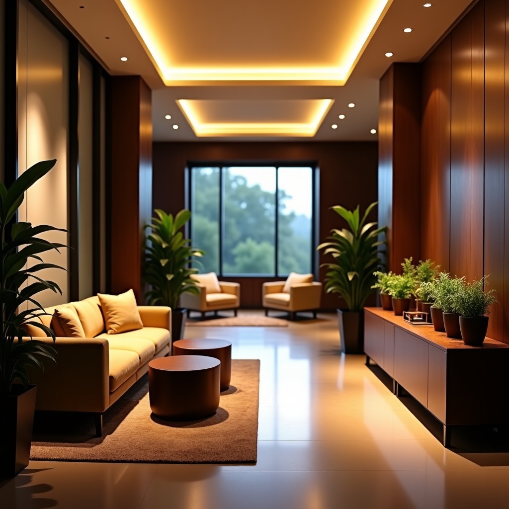 A cozy hotel lobby area with modern furniture, warm ambient lighting, peaceful atmosphere, decorative indoor plants, 4:3 aspect ratio.