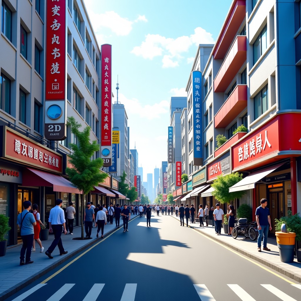 A vibrant street scene in Dalian, China, showing modern urban life, bustling sidewalks, and city architecture under clear daylight, realistic style, 4:3 aspect ratio.