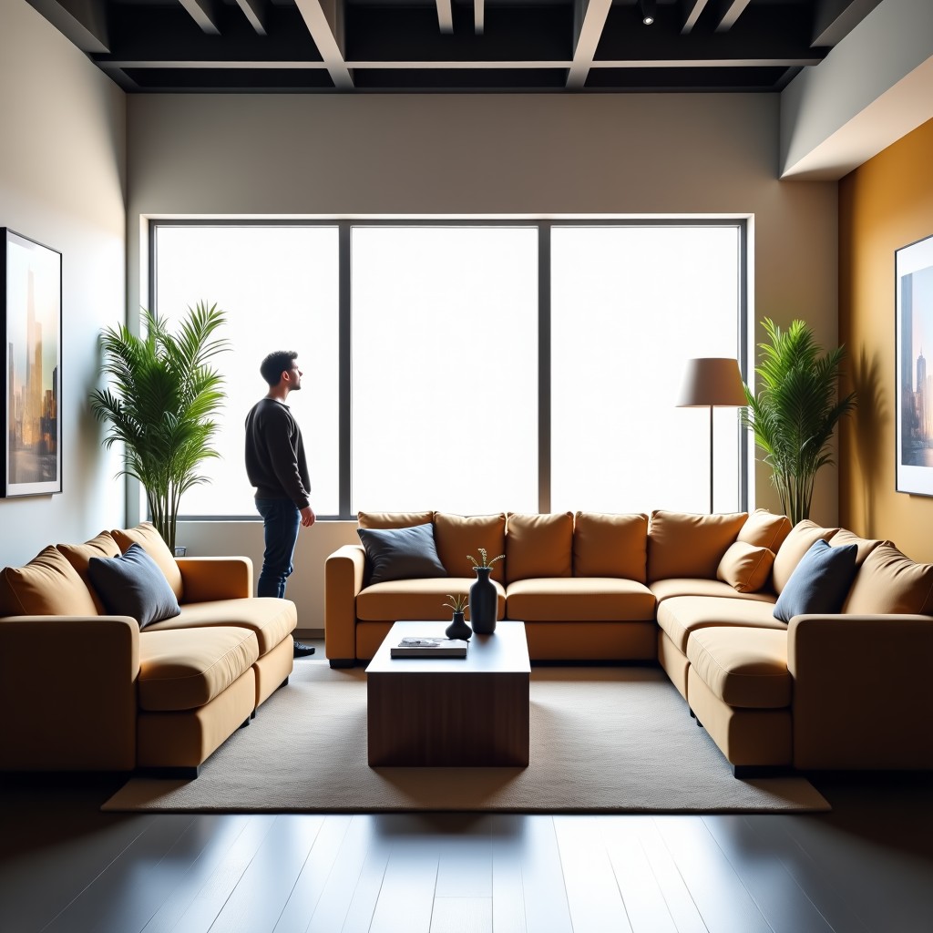 A customer looking at various high-quality sofas and beds in a bright and spacious furniture showroom, modern minimalist furniture, interior design inspiration, 4:3