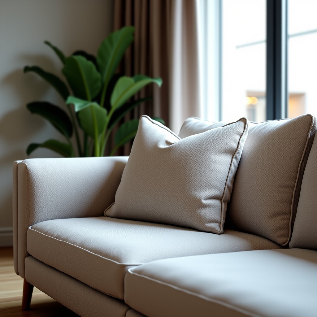 Close-up of a modern fabric sofa in a cozy living room, textured fabric, neutral colors, minimalist interior design, soft lighting, 4:3