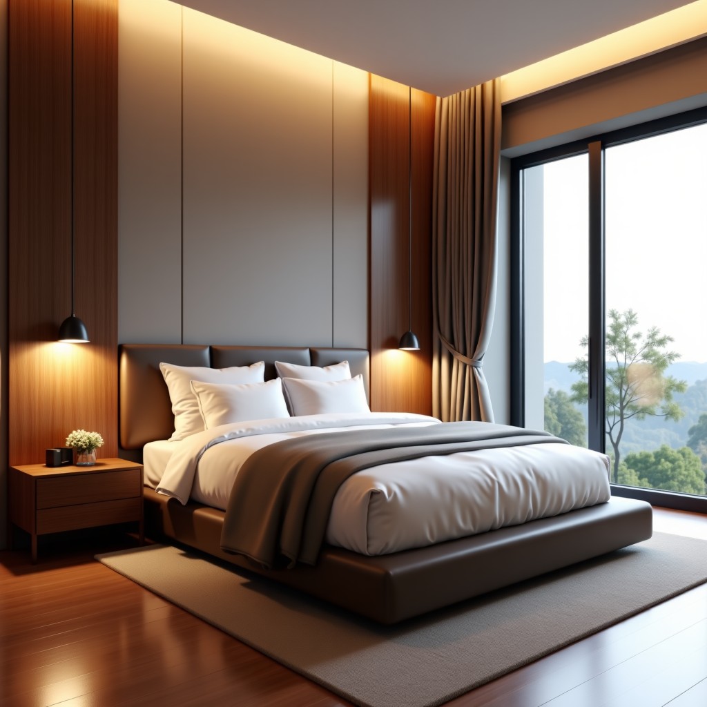 Elegant and modern bedroom interior with custom bed frame and soft bedding, warm and inviting atmosphere, high-end furniture design, 4:3