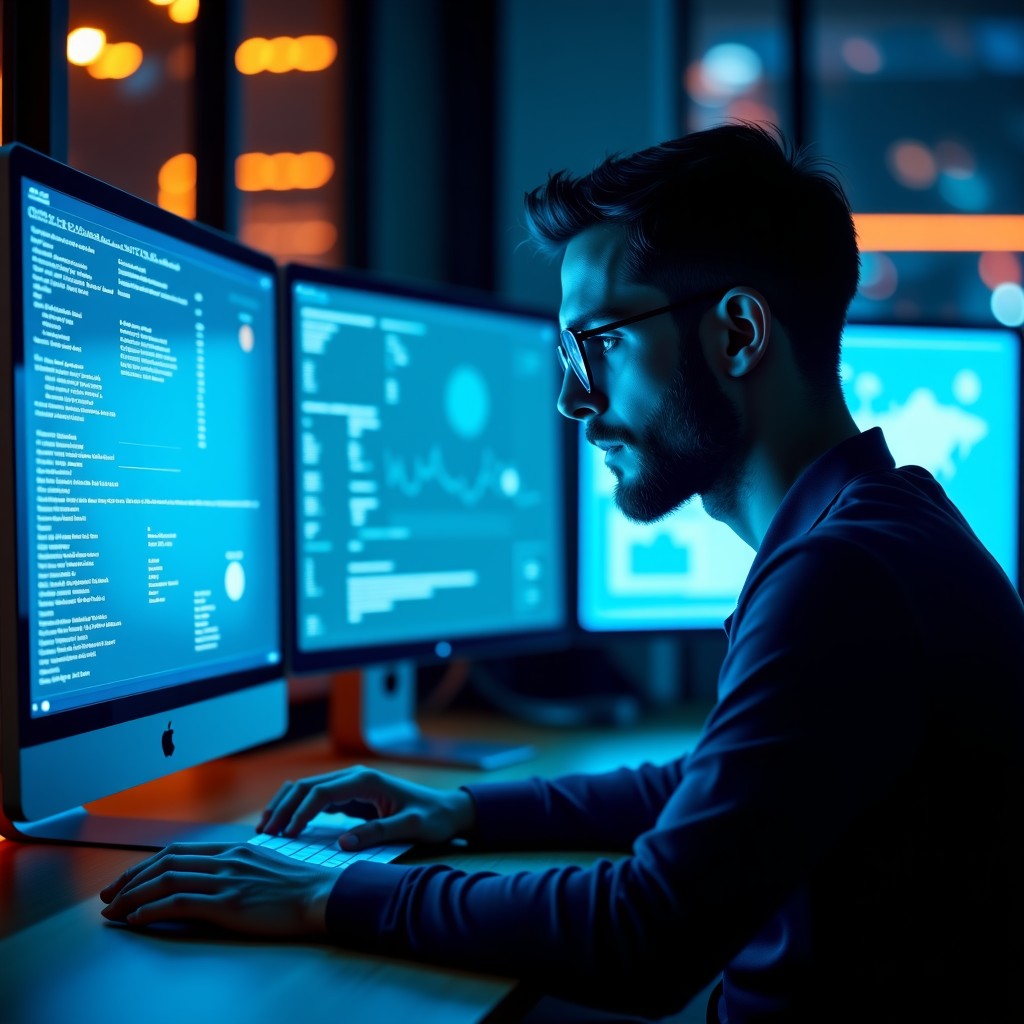 기술 보안 전문가가 대형 모니터를 보며 분석하는 모습