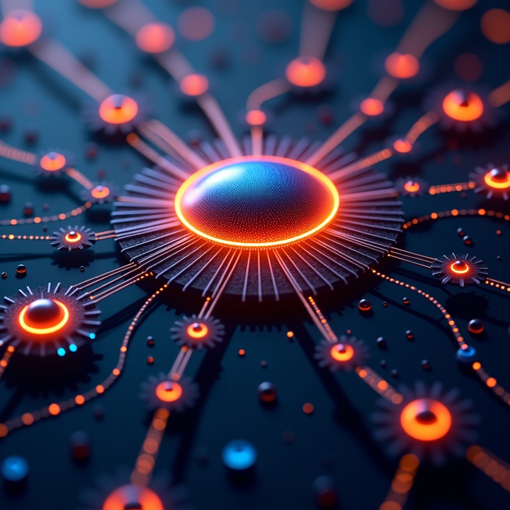 Intricate interconnected data nodes and artificial intelligence abstract design, glowing circuits, hyper-realistic, 4:3