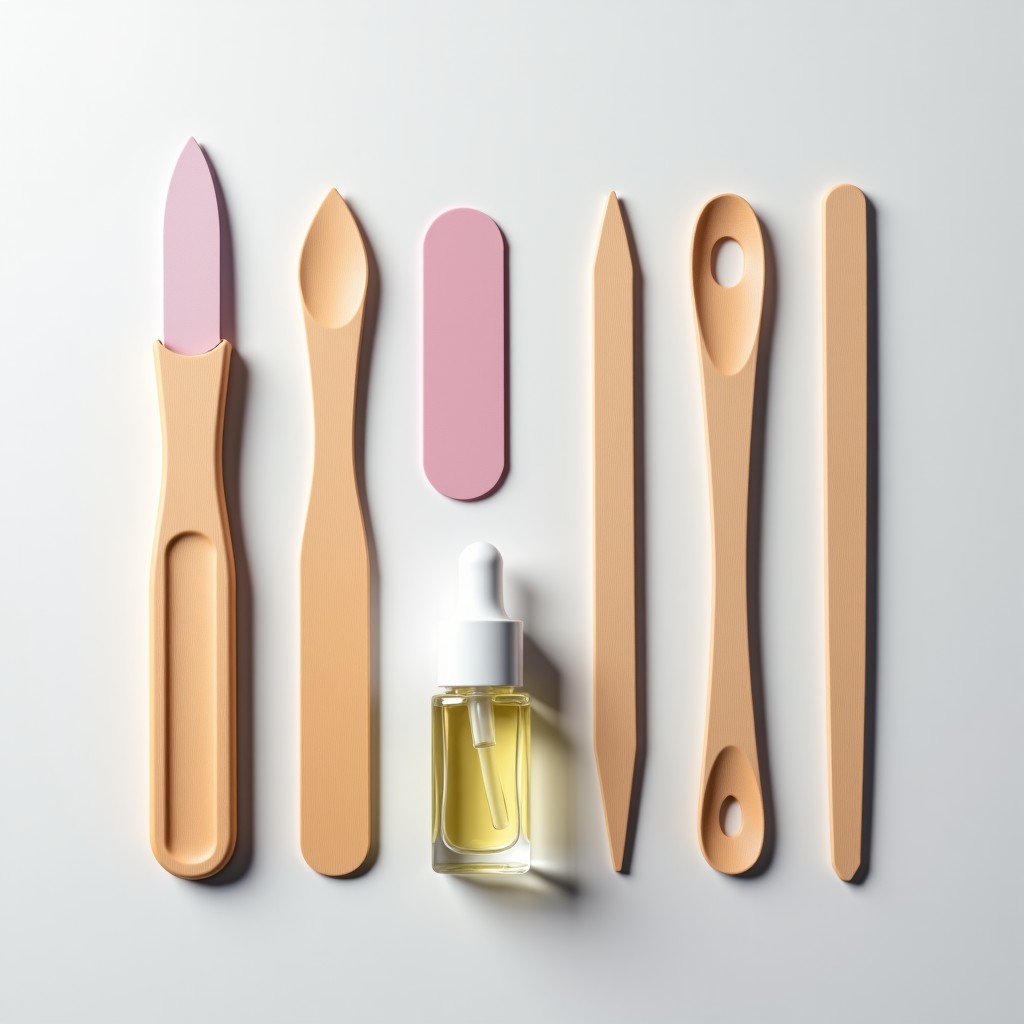 Various manicure tools including nail file and cuticle oil on a clean surface, minimalist style, top down view, 4:3