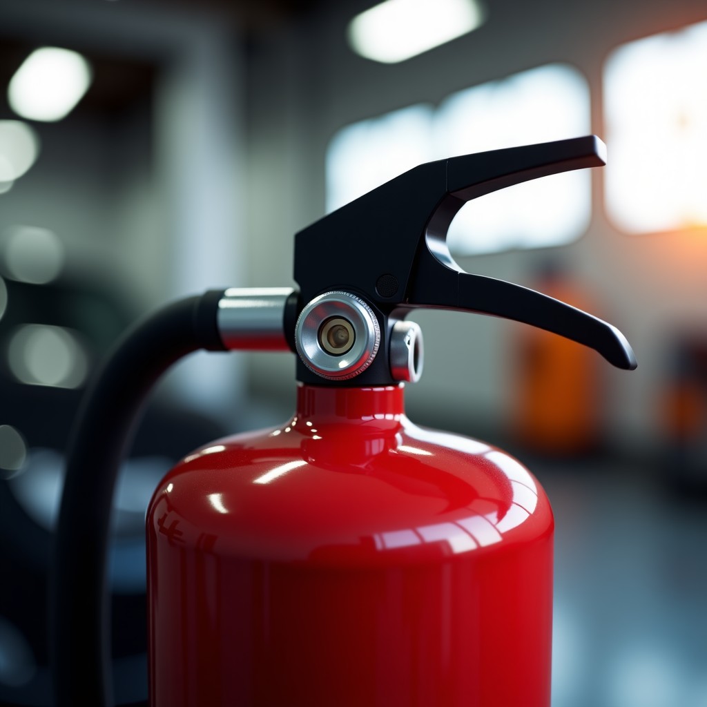 Close up of a high quality car fire extinguisher nozzle design, industrial photography, minimalist background, bright and balanced lighting, 4:3