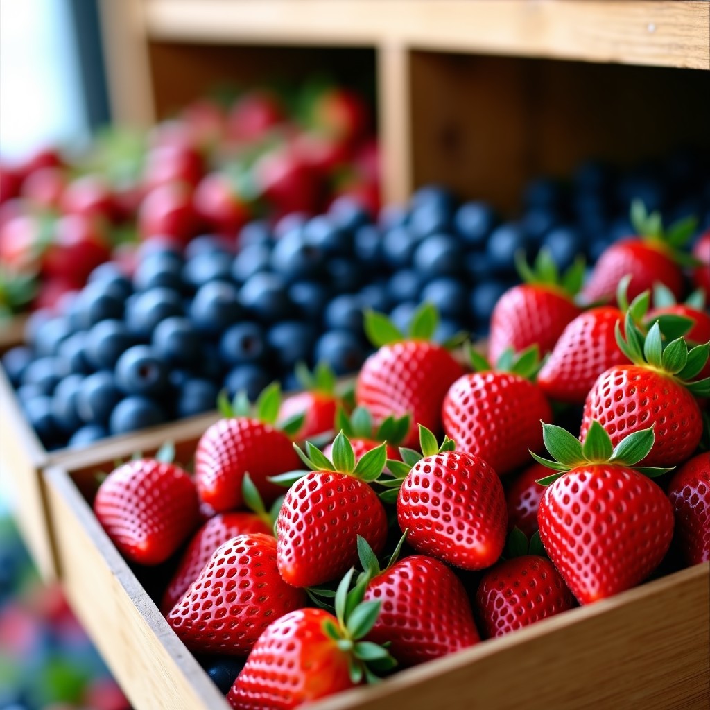 Fresh strawberries and blueberries displayed on shelves, high quality, natural morning light, 16:9 aspect ratio.