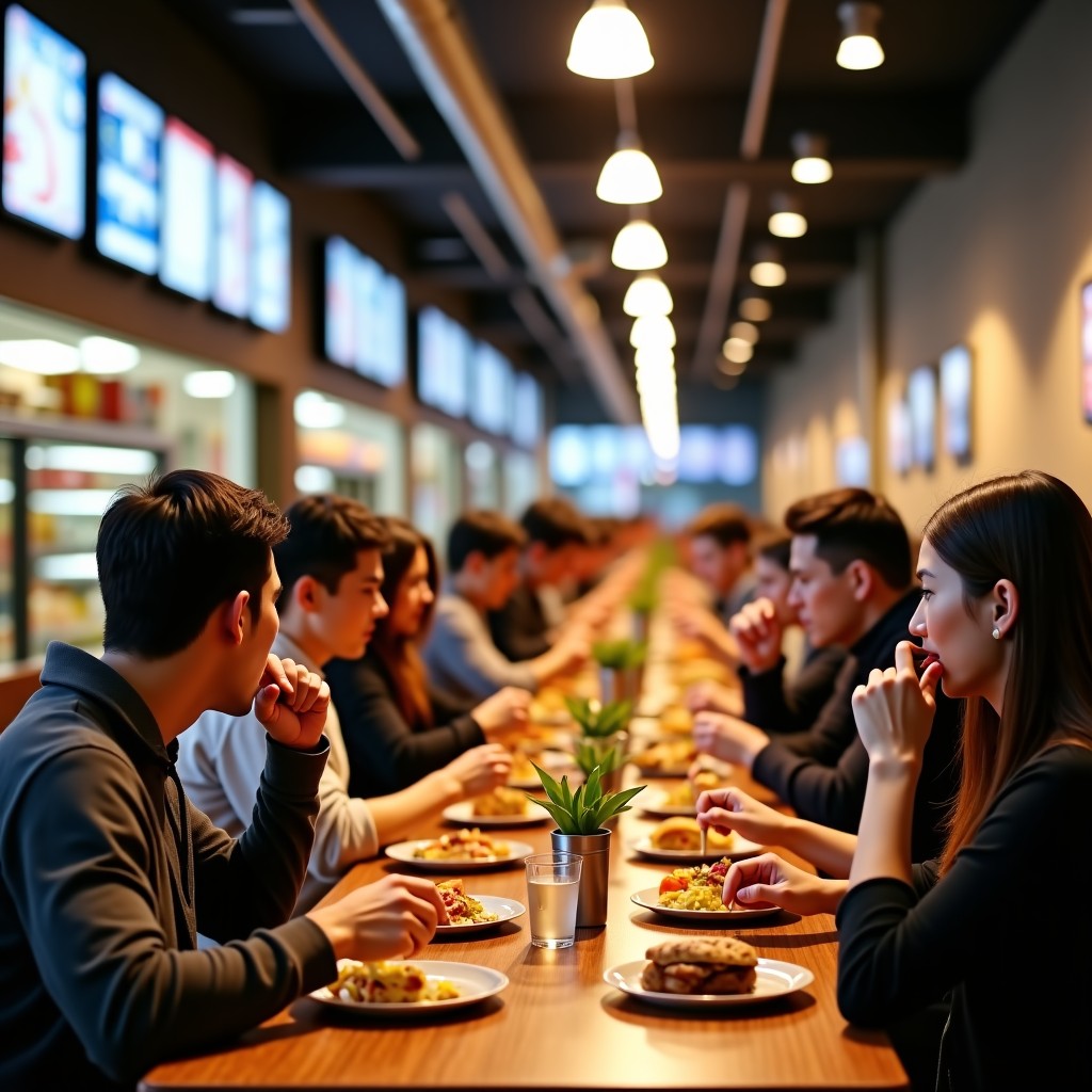 People enjoying food at a warehouse store food court, casual atmosphere, warm lighting, 16:9 aspect ratio.