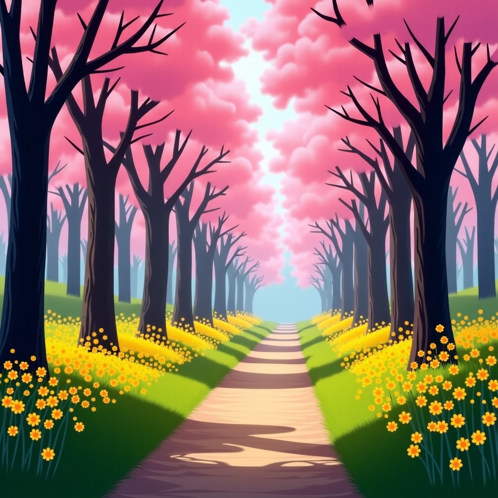 A scenic walking path in a forest with cherry blossoms and yellow daffodils, bright spring atmosphere, vibrant colors, detailed nature photography, 4:3 aspect ratio