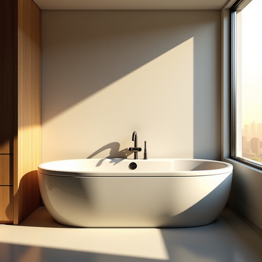 Luxury bathroom with a spacious whirlpool bathtub and soft warm sunlight, modern fixtures, high end lifestyle photography, 4:3