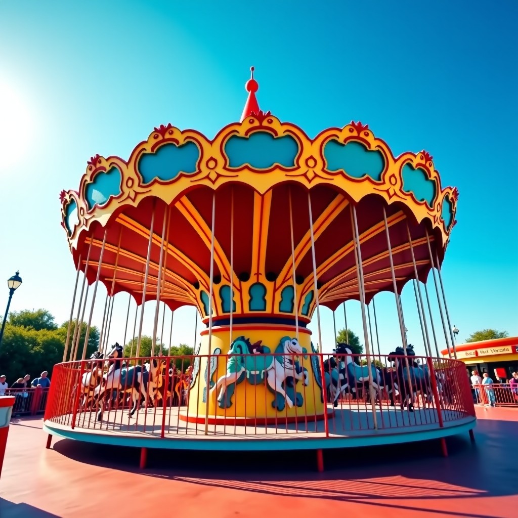 A colorful carousel in a theme park under a clear blue sky, vibrant colors, wide angle shot, photorealistic, 4:3