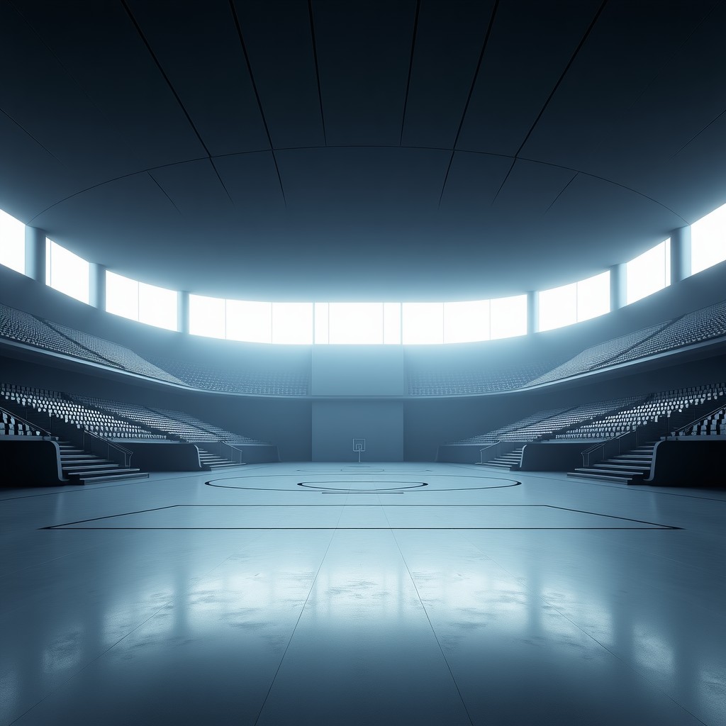 A wide architectural shot of a modern indoor stadium arena, minimalist and clean design, ambient lighting, high contrast, 4:3 aspect ratio