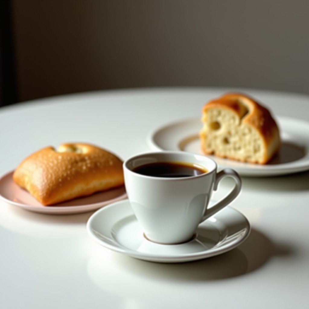 A close up shot of a freshly brewed cup of coffee next to a bakery item on a minimalist table, soft focus background, realistic, 4:3