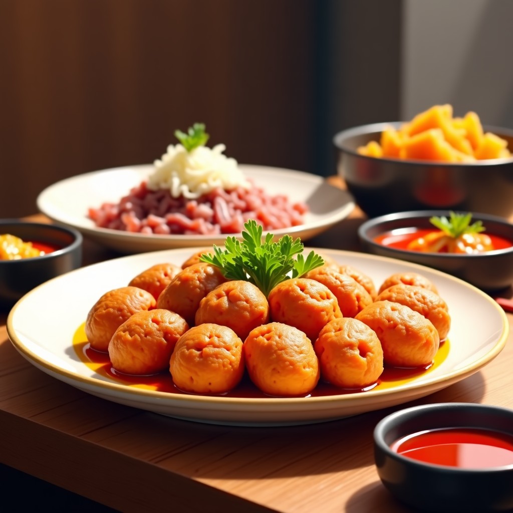 A table set with traditional Korean food and pork cutlets, warm dining atmosphere, realistic, 4:3