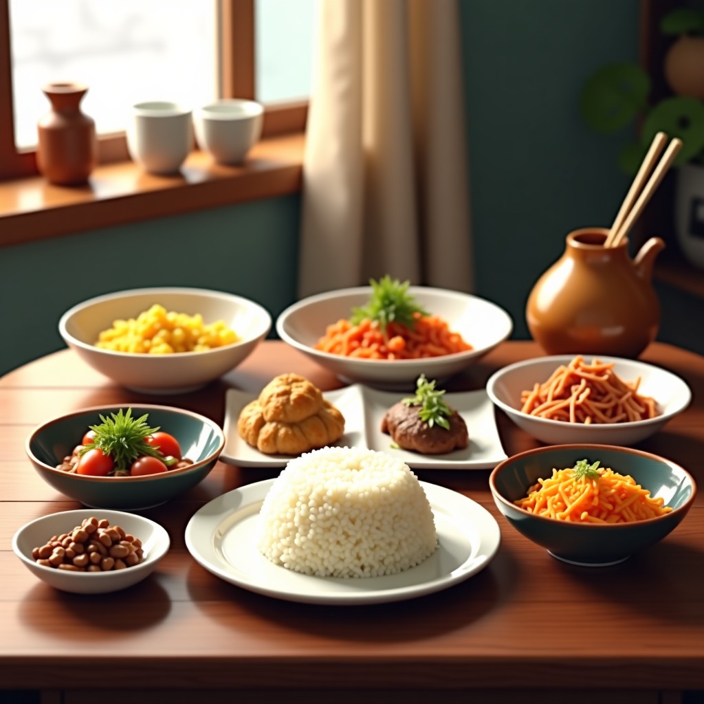 A home cooked meal with various side dishes and rice on a wooden dining table, authentic Korean household style, realistic, 4:3