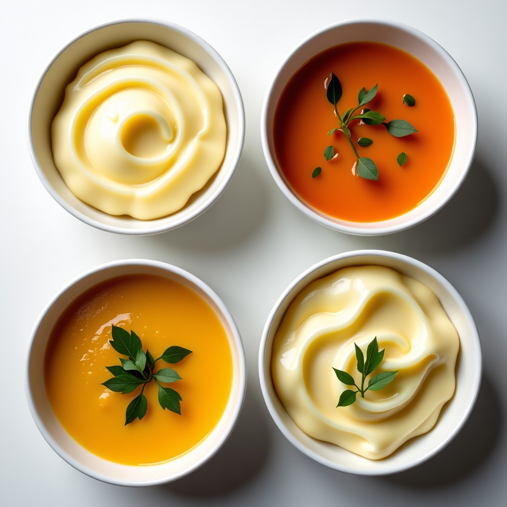 A variety of soft foods like creamy mashed potatoes and soup in clean bowls, top down view, minimalist kitchen background, professional food photography, 4:3