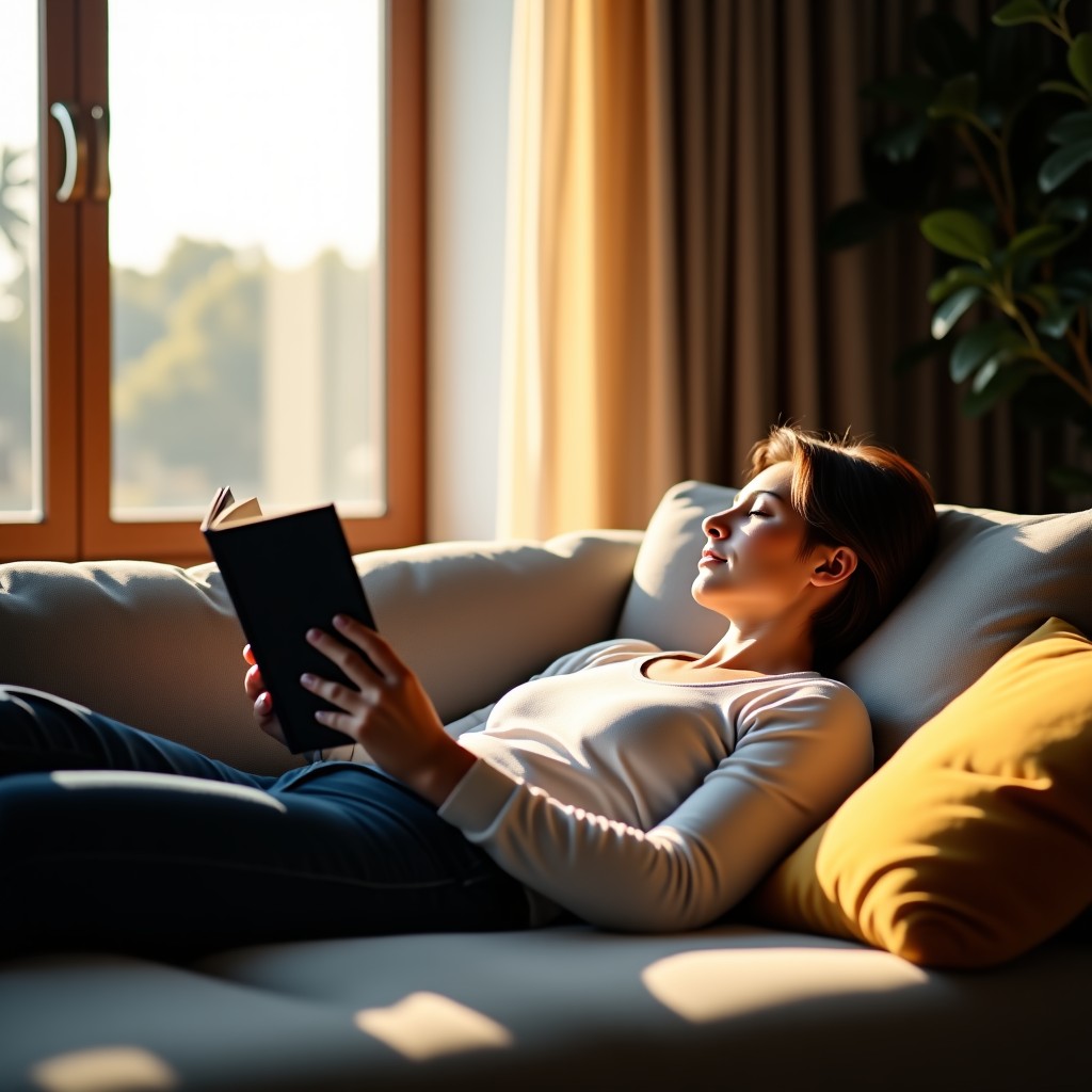 A person resting comfortably on a sofa with a book, warm sunlight, calm atmosphere, interior setting, lifestyle photography, 4:3