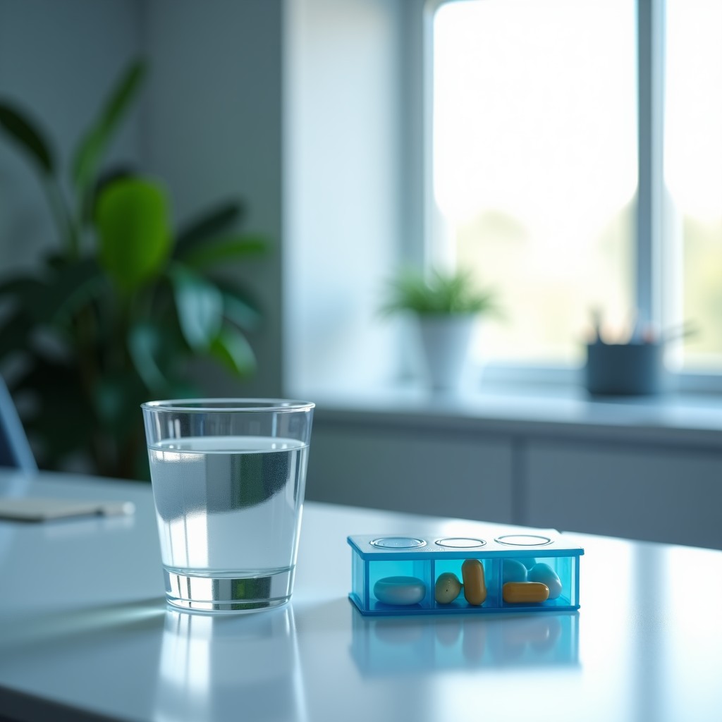 A glass of water next to a medical pill organizer on a modern clean desk, clinical atmosphere but soft lighting, high resolution, realistic, 4:3