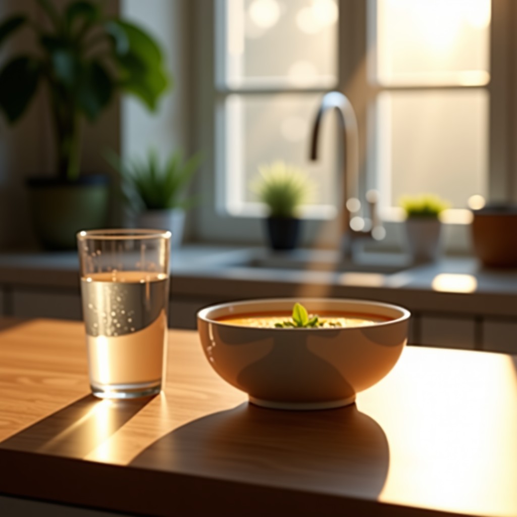 A warm bowl of mild soup and a glass of water on a kitchen counter, peaceful morning atmosphere, natural lighting, high-end photography, 4:3