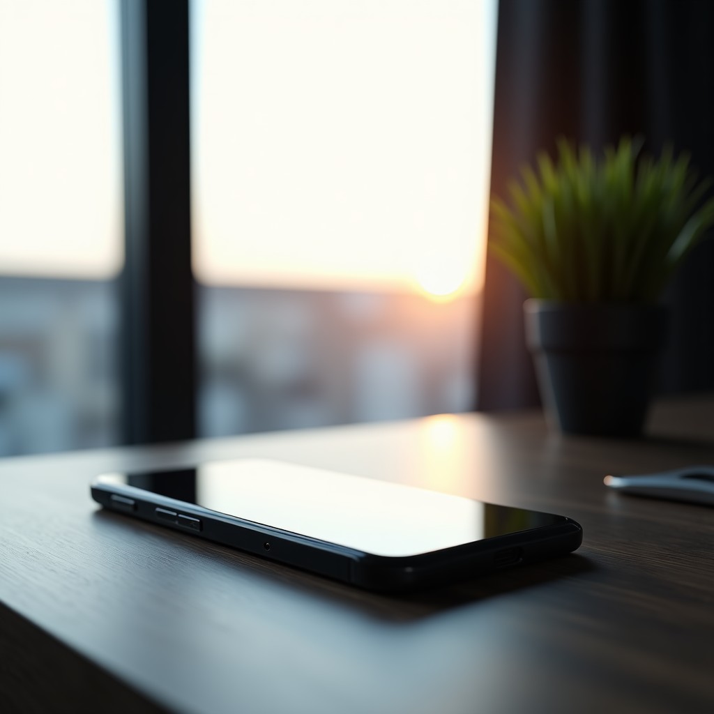 A modern workspace with a sleek, thin smartphone on a dark wood desk, minimalist aesthetics, soft natural light coming from a window, high quality, photorealistic, 4:3 ratio