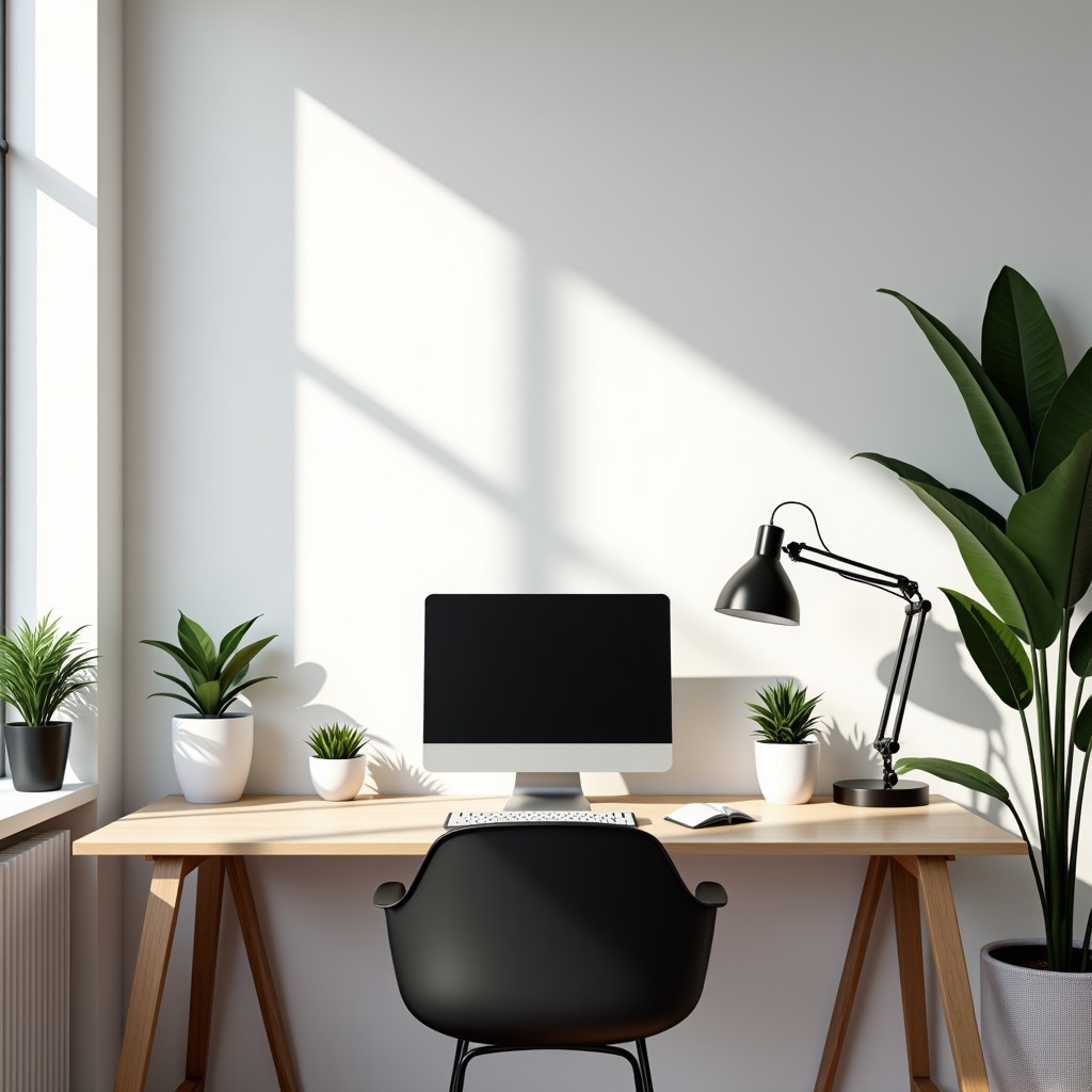 A modern home office with bright white lighting, clean desk setup, focused atmosphere, realistic photography, 16:9
