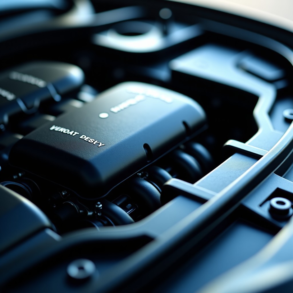 Close-up shot of a modern car engine interior with metallic textures, glowing light highlights, professional photography, realistic, 4:3 aspect ratio