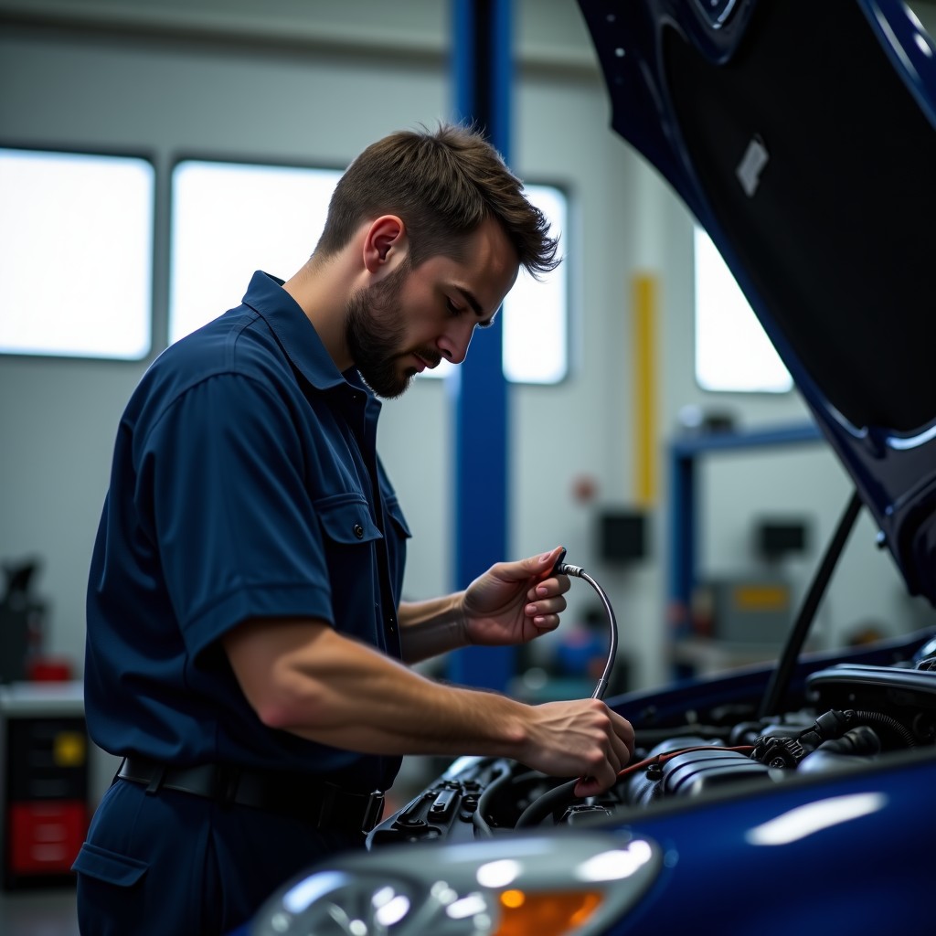 A mechanic checking an oil dipstick, professional and focused atmosphere, bright and clean workshop lighting, realistic, 4:3 aspect ratio