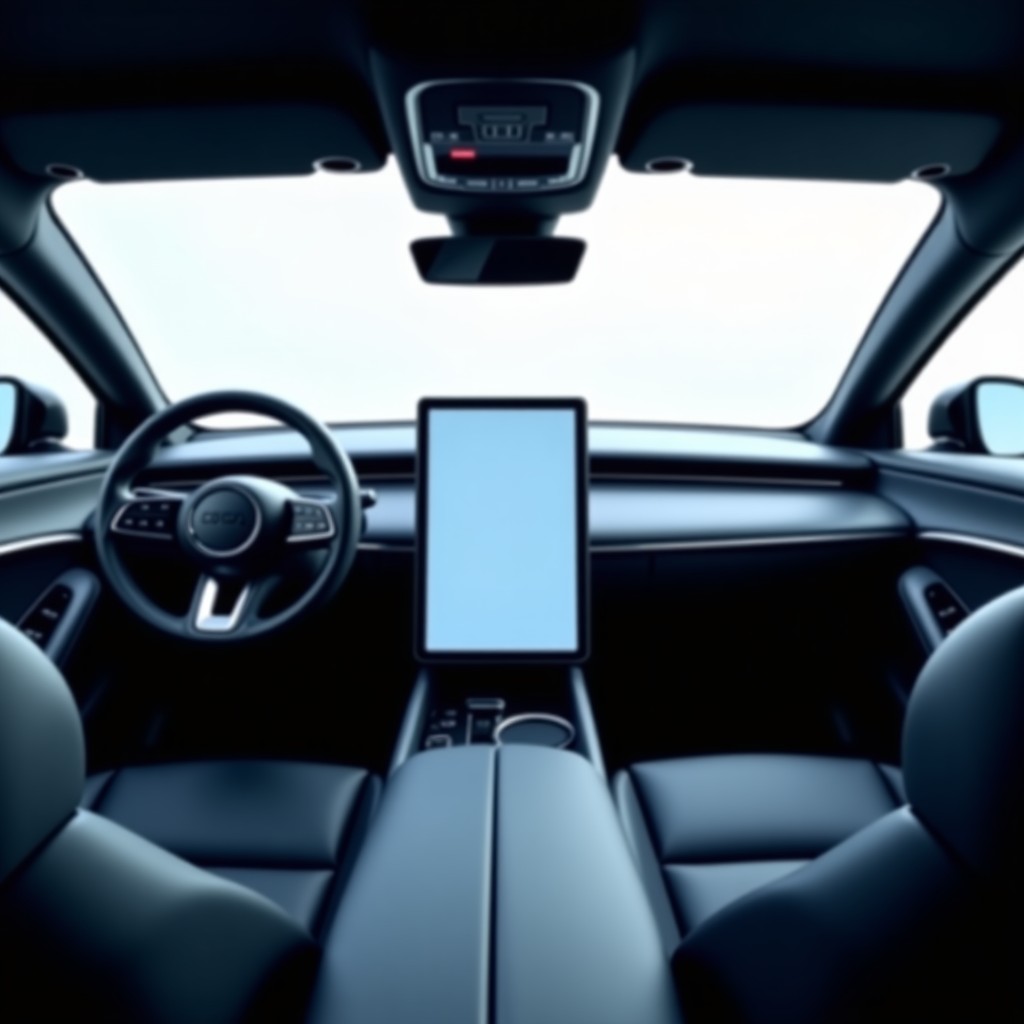 Interior of a high-tech modern luxury car, large vertical touch screen display in the center console, minimalist dashboard design, ambient lighting, cinematic style, 4:3 aspect ratio.
