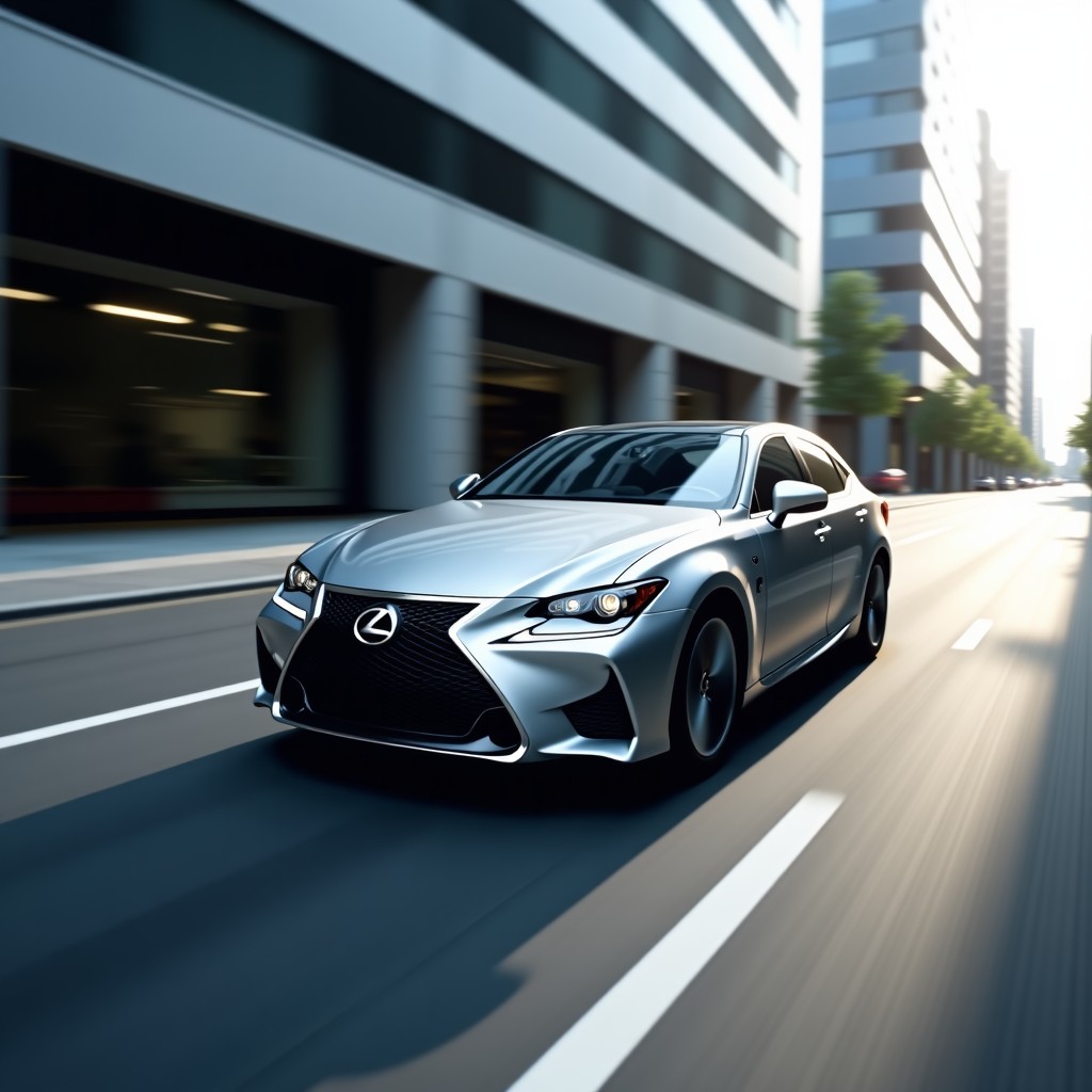 A luxury silver sedan driving on a clean city road, motion blur background, bright natural lighting, modern architecture surrounding, 4:3 aspect ratio.