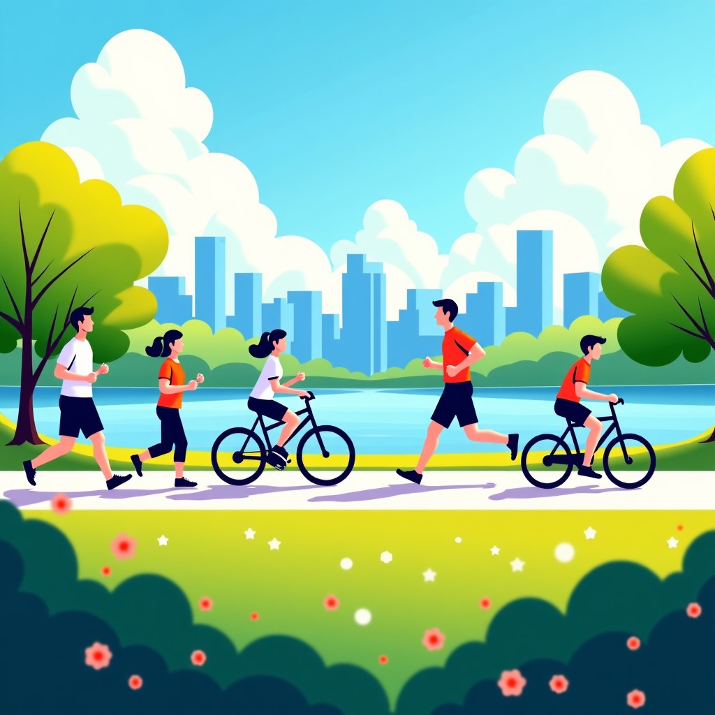 한강 공원에서 운동하는 사람들