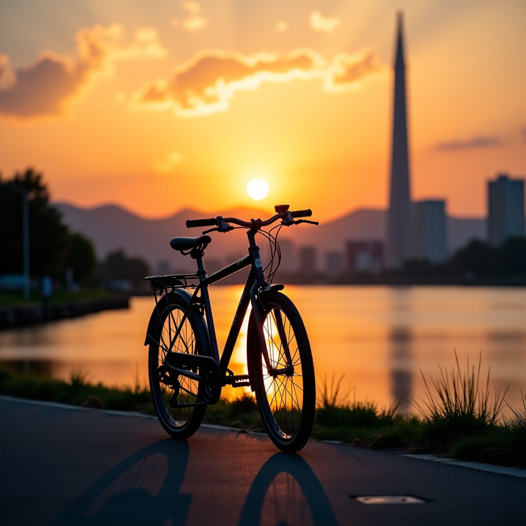 Close up of a bicycle on a paved path along the Han River during sunset, cinematic lighting, high quality, realistic photography, 4:3
