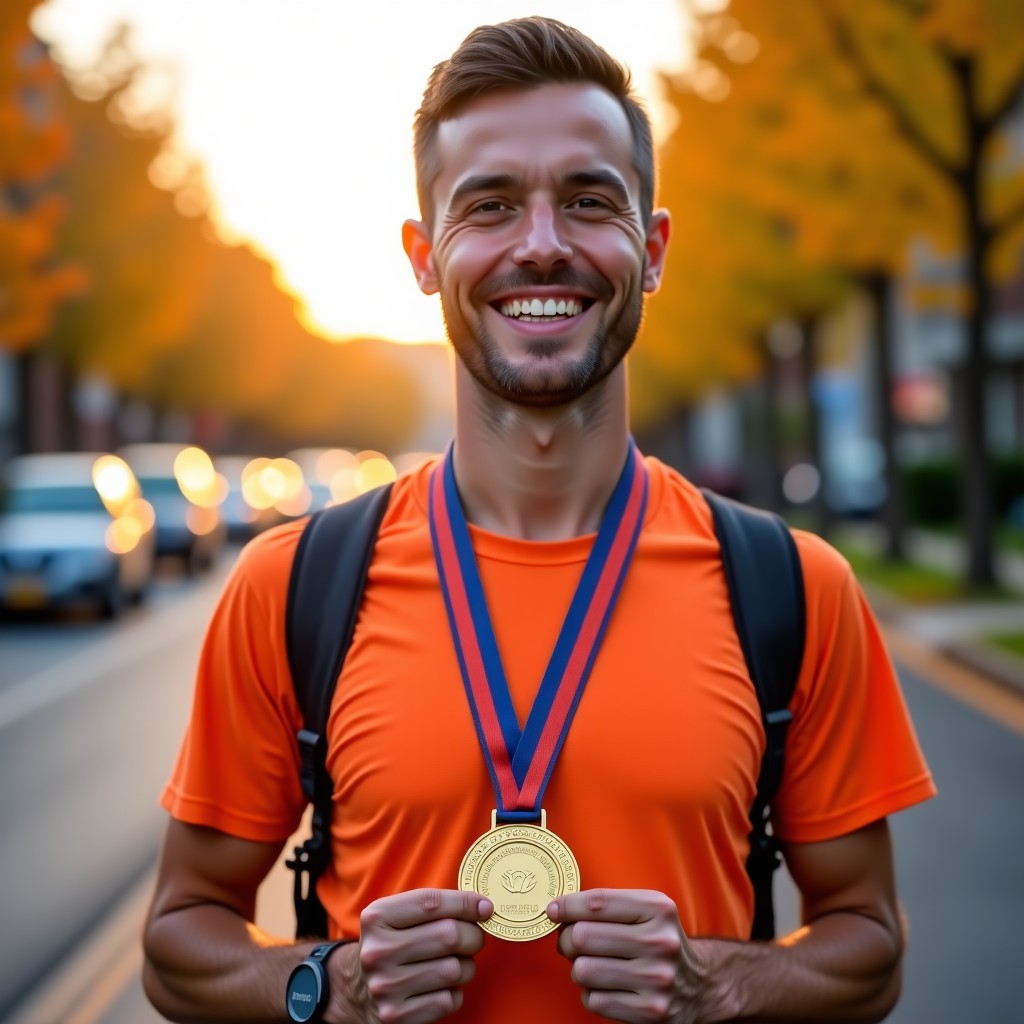 A happy person holding a finishers medal in a sunny outdoor setting, blurred background, genuine smile, high resolution, 4:3
